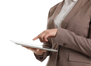 Young businesswoman with tablet on white background, closeup