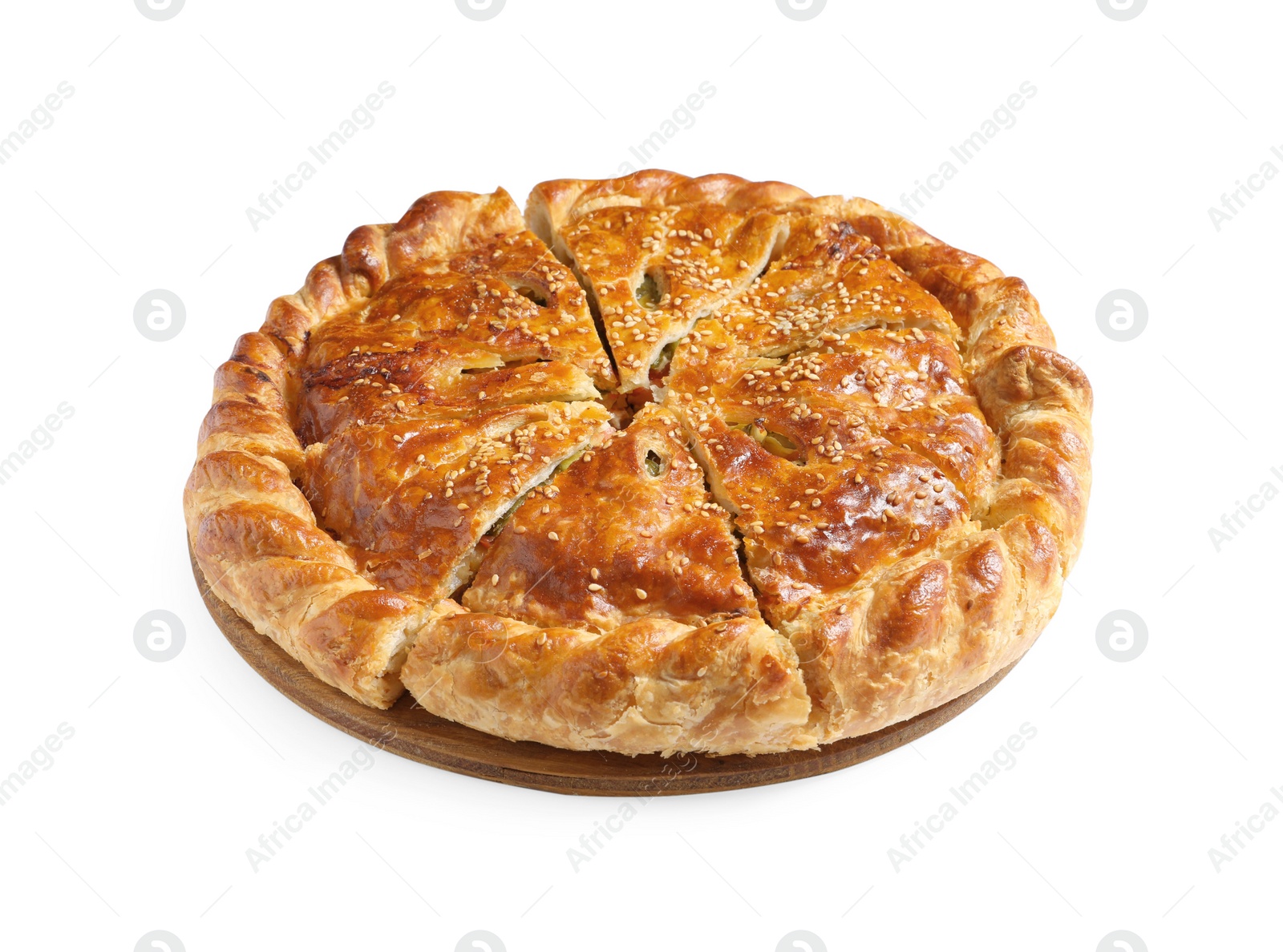 Photo of Cut delicious homemade pie isolated on white