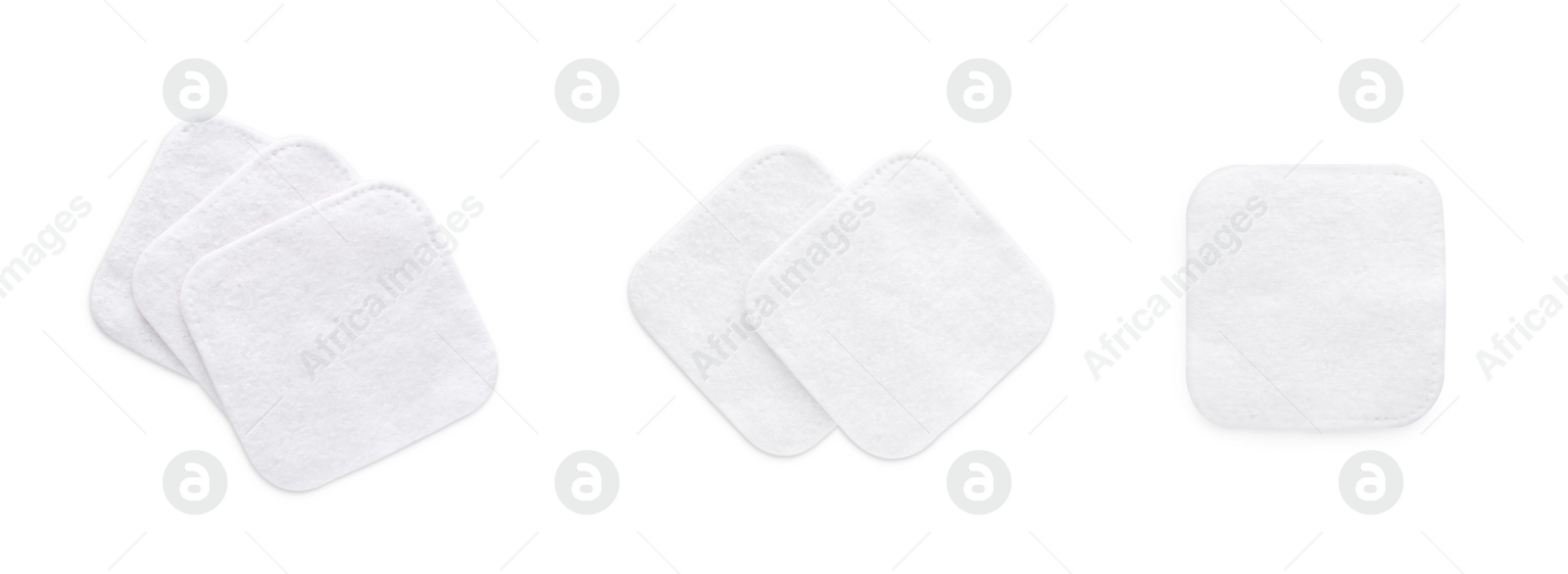 Image of Set with soft clean cotton pads on white background, top view. Banner design