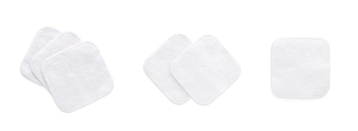 Image of Set with soft clean cotton pads on white background, top view. Banner design