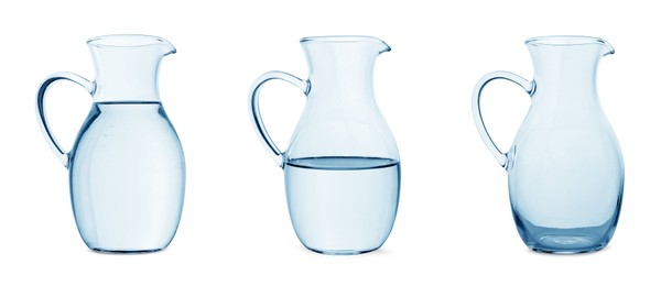 Glass jug isolated on white, collage with empty, semi filled and full