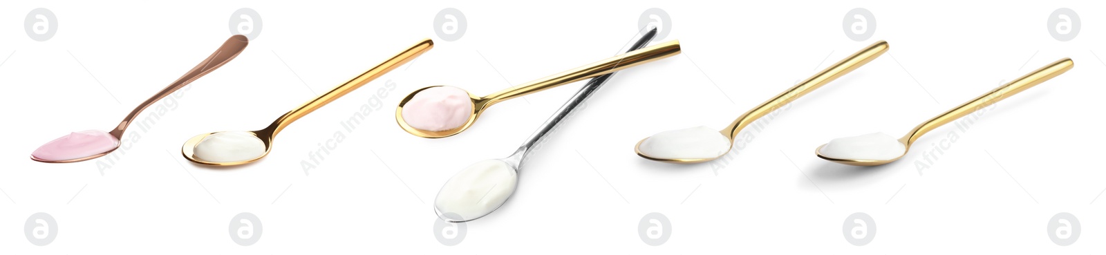 Image of Set with tasty yogurts on white background. Banner design