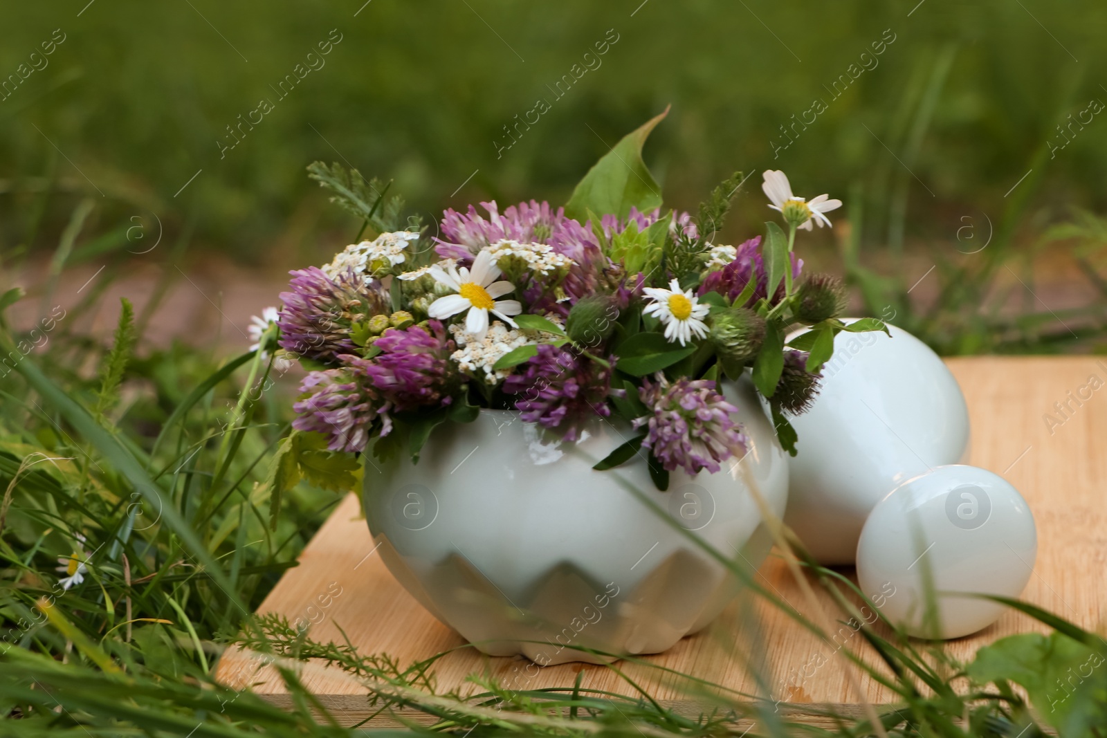 Photo of Ceramic mortar with pestle, different wildflowers and herbs on wooden board in meadow