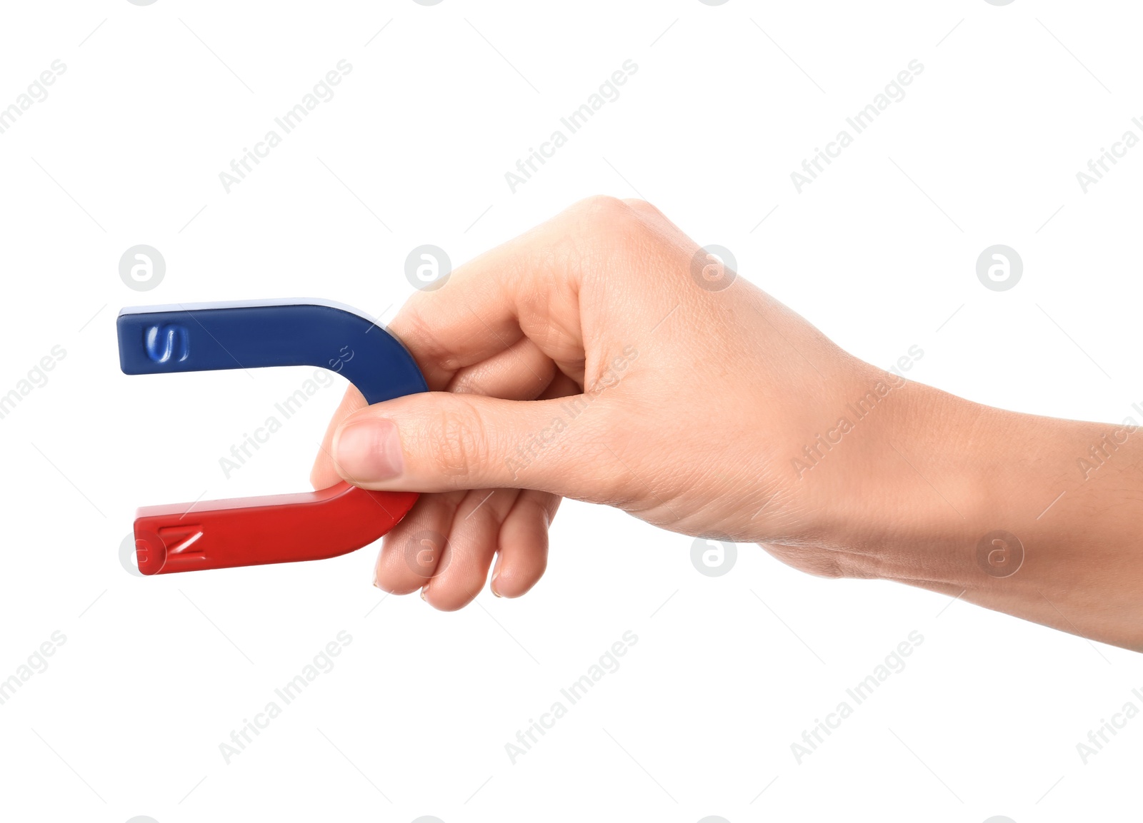 Photo of Woman holding magnet on white background, closeup