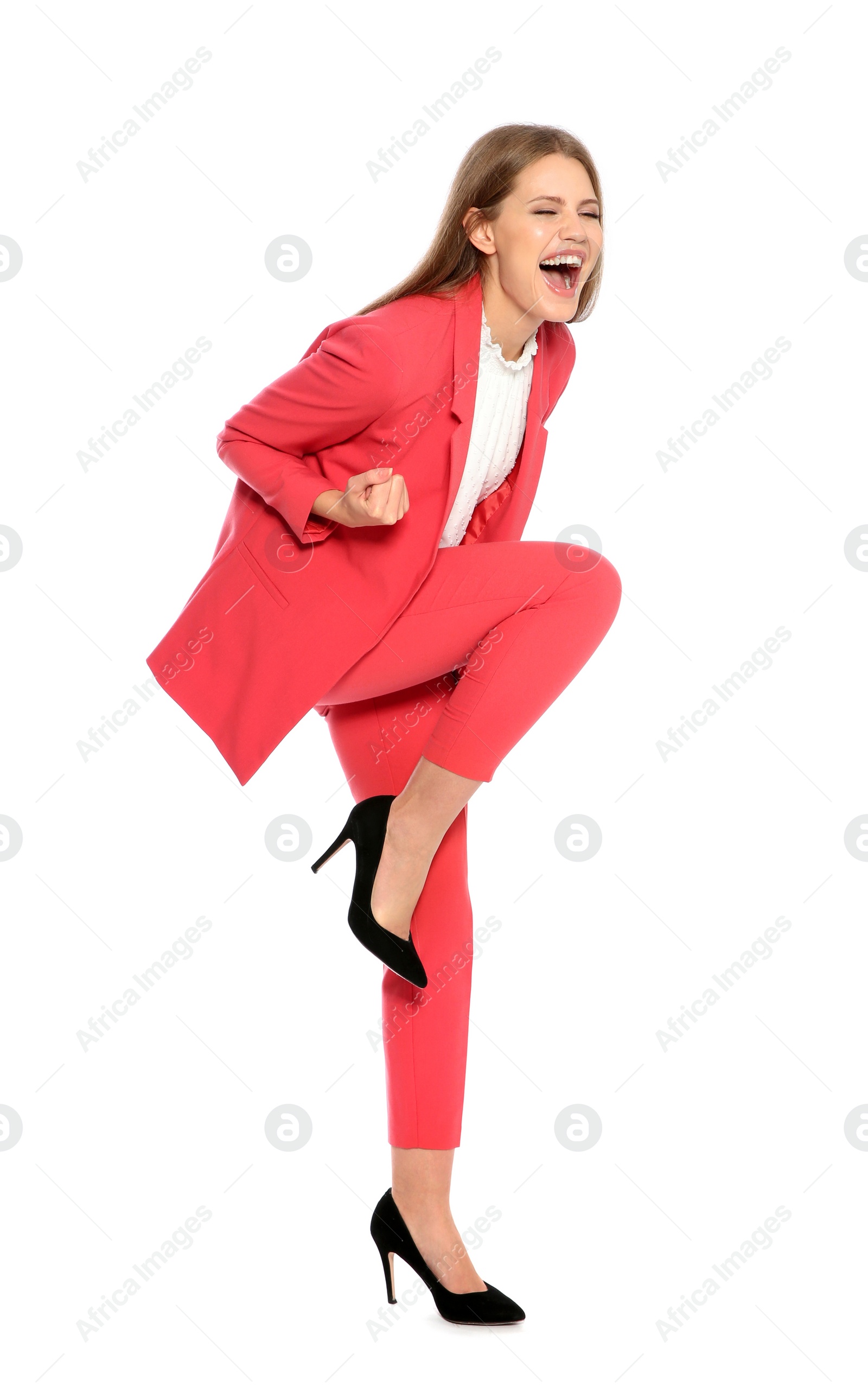 Photo of Young businesswoman celebrating victory on white background