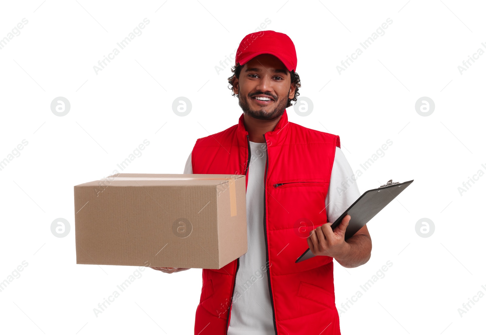 Photo of Happy courier with parcel and clipboard on white background