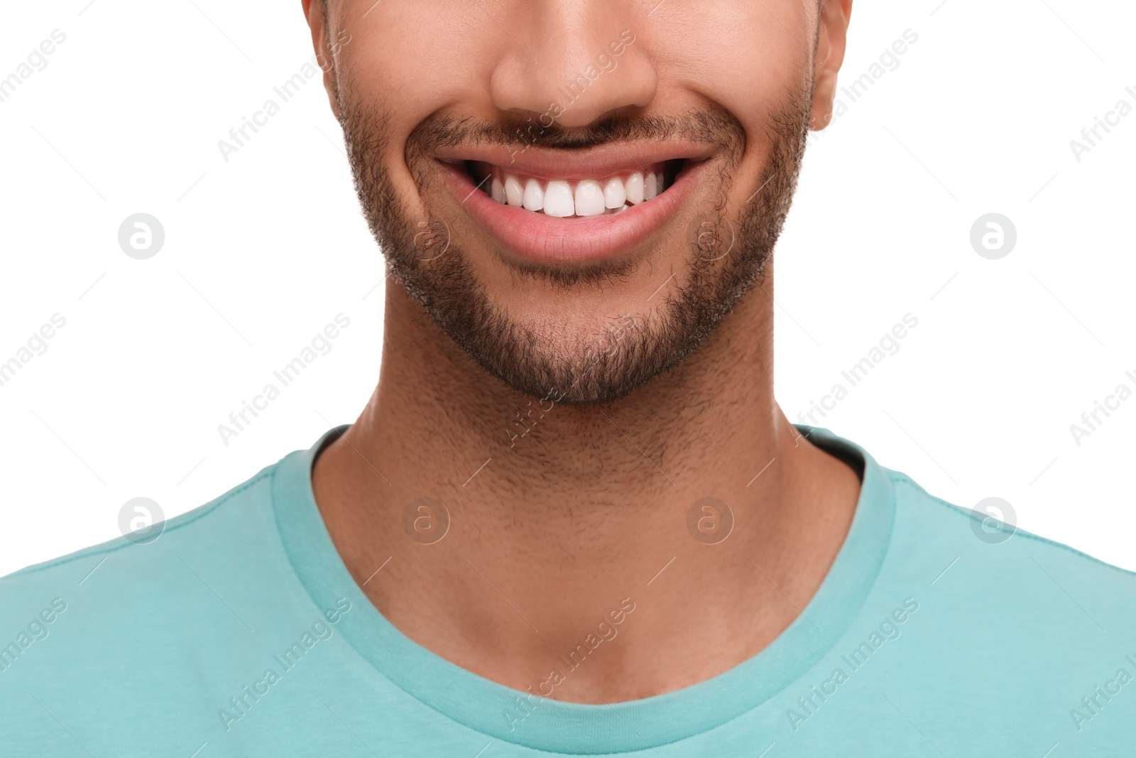 Photo of Smiling man with healthy clean teeth on white background, closeup