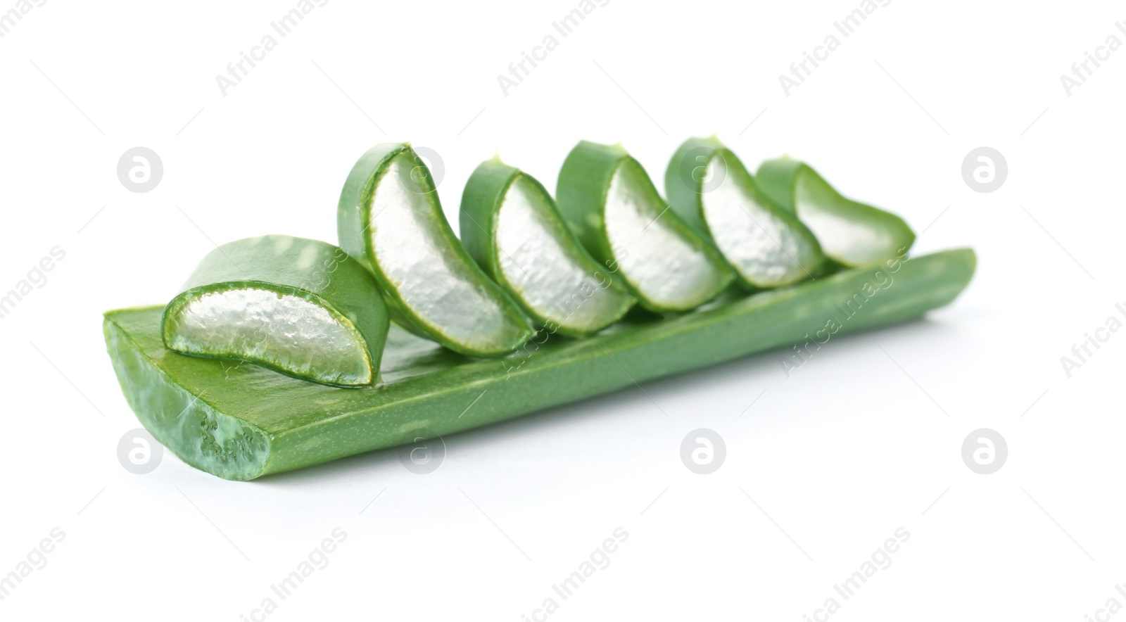 Photo of Fresh aloe vera leaf slices on white background