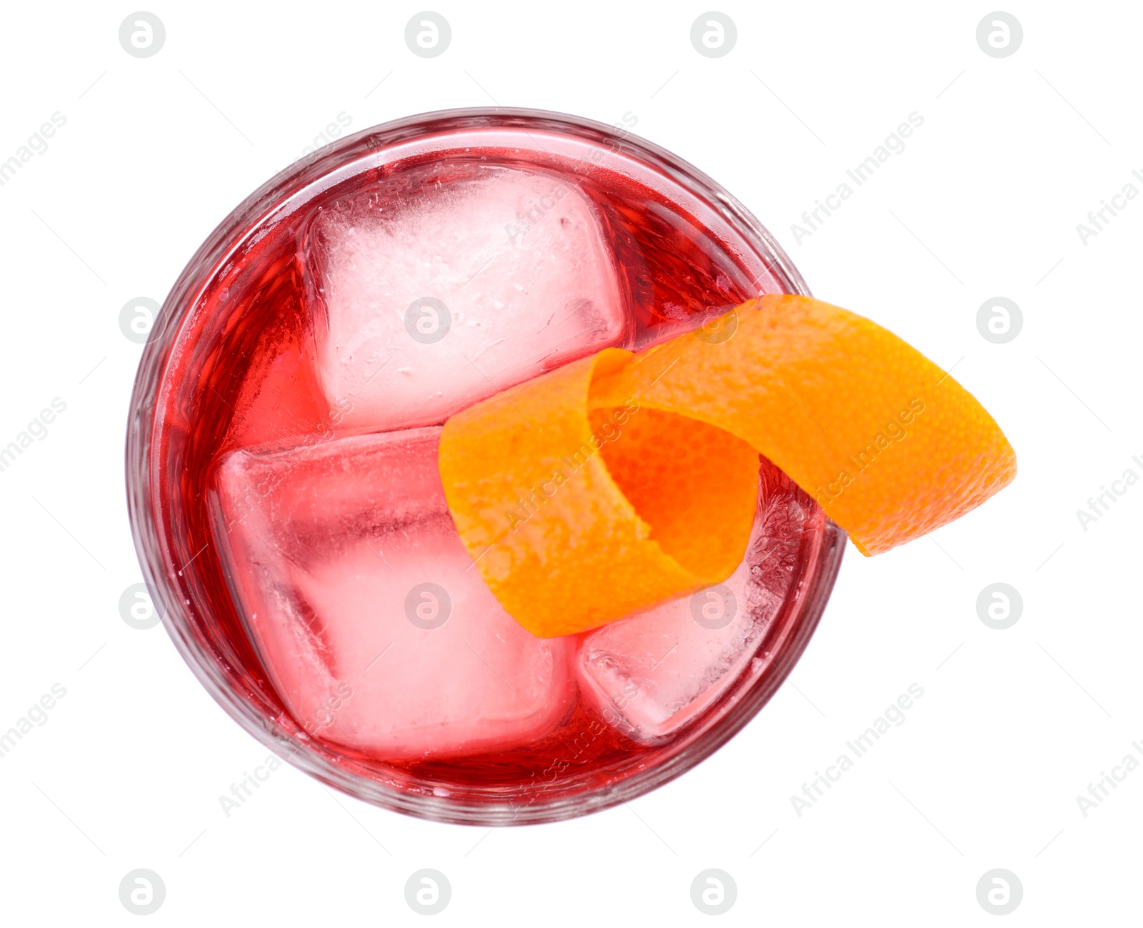 Photo of Glass of tasty refreshing cocktail on white background, top view