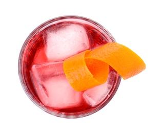 Glass of tasty refreshing cocktail on white background, top view