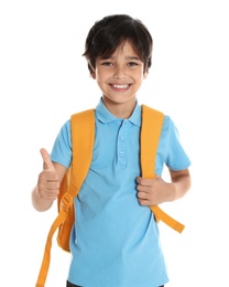 Photo of Happy boy in school uniform on white background