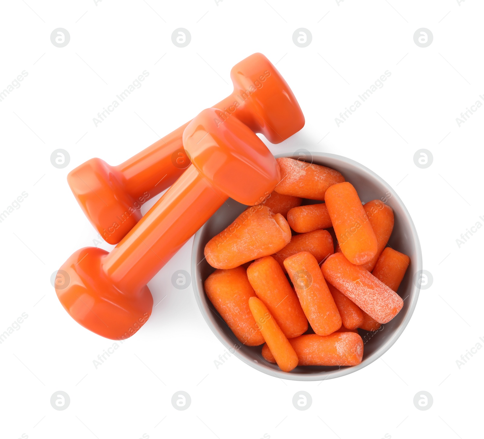 Photo of Healthy diet. Dumbbells and carrots isolated on white, top view