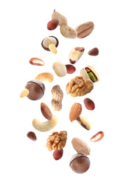 Image of Different nuts falling on white background 