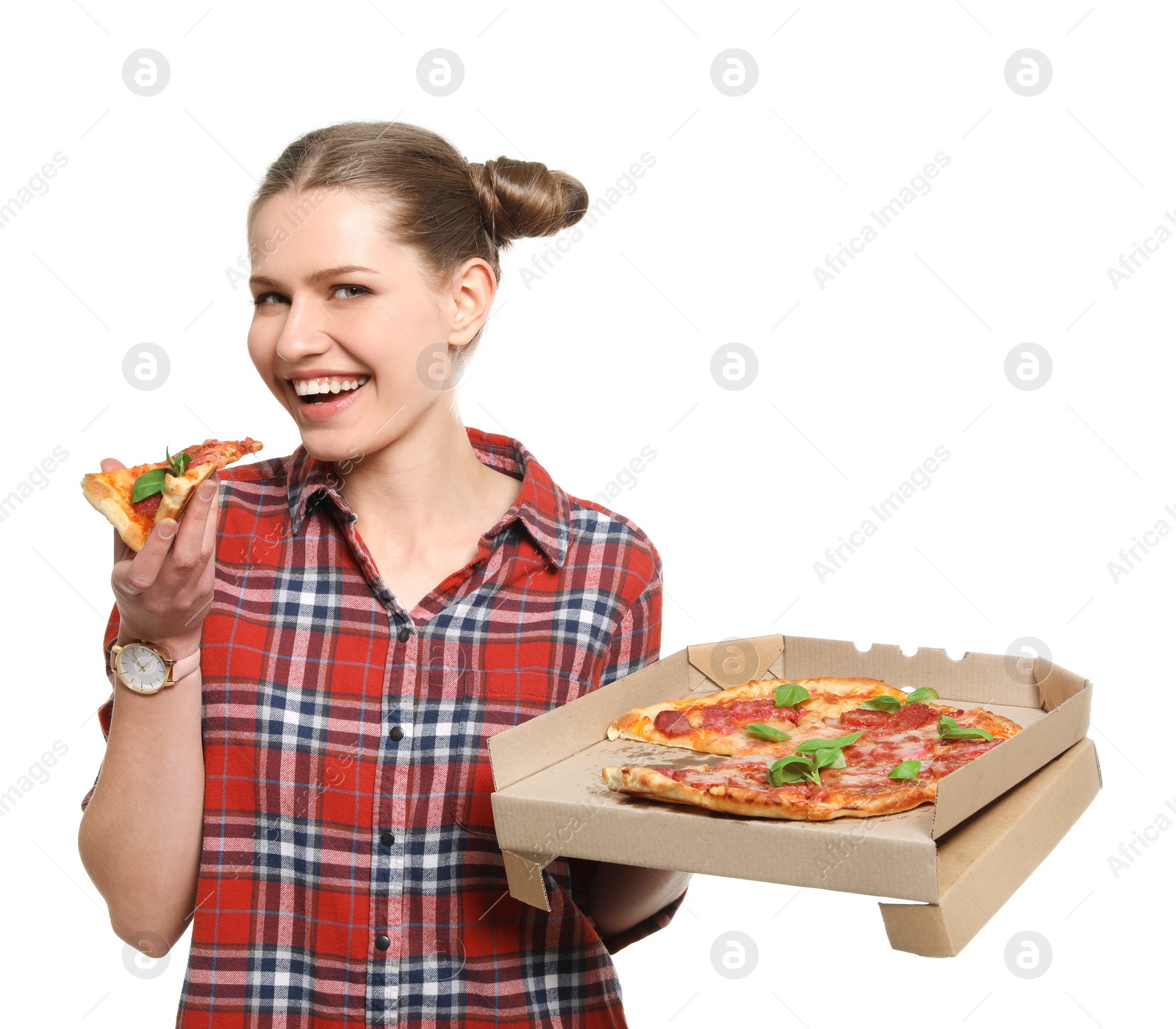 Photo of Attractive young woman with delicious pizza on white background