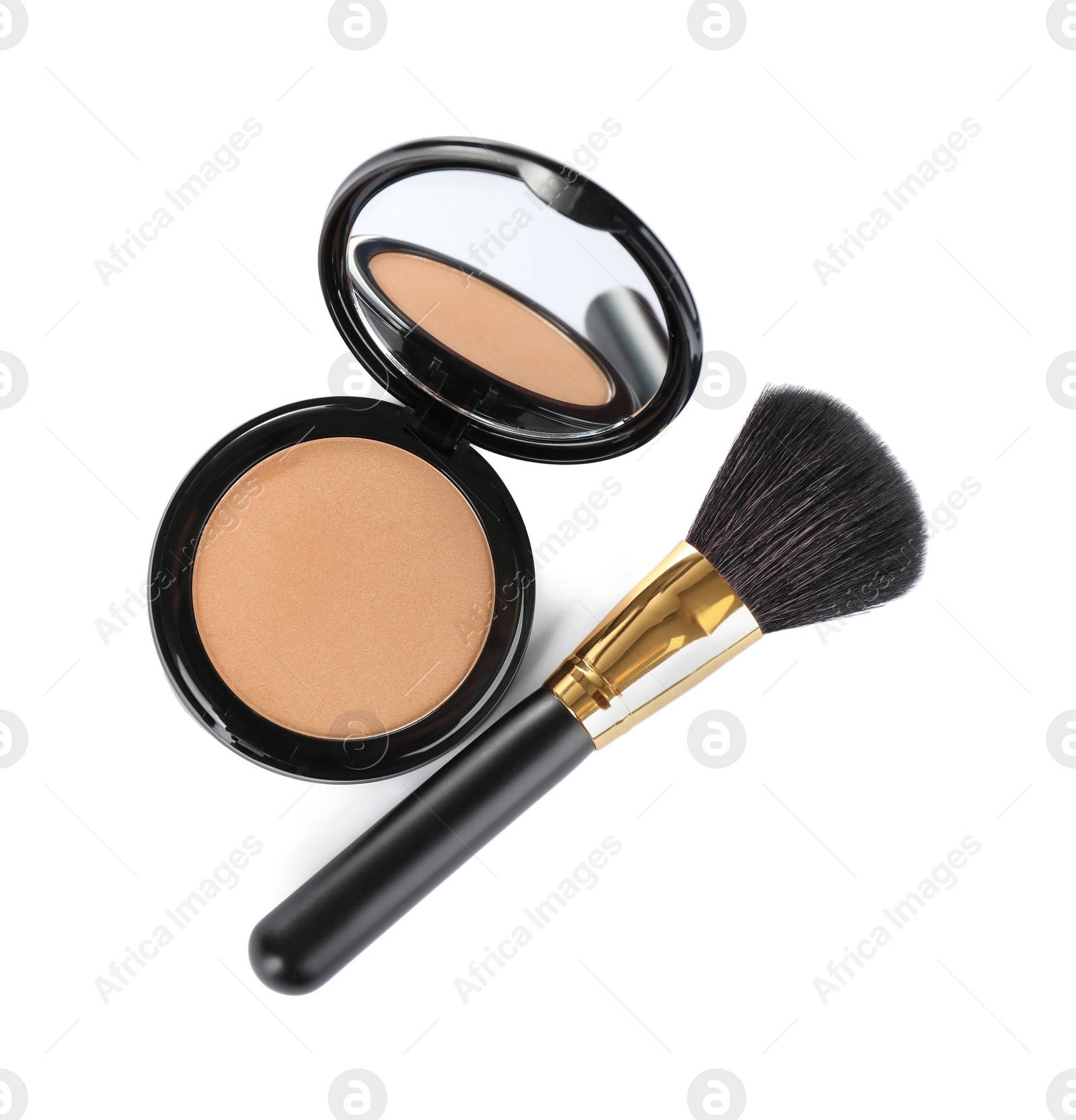 Photo of Face powder with brush on white background, top view. Makeup product