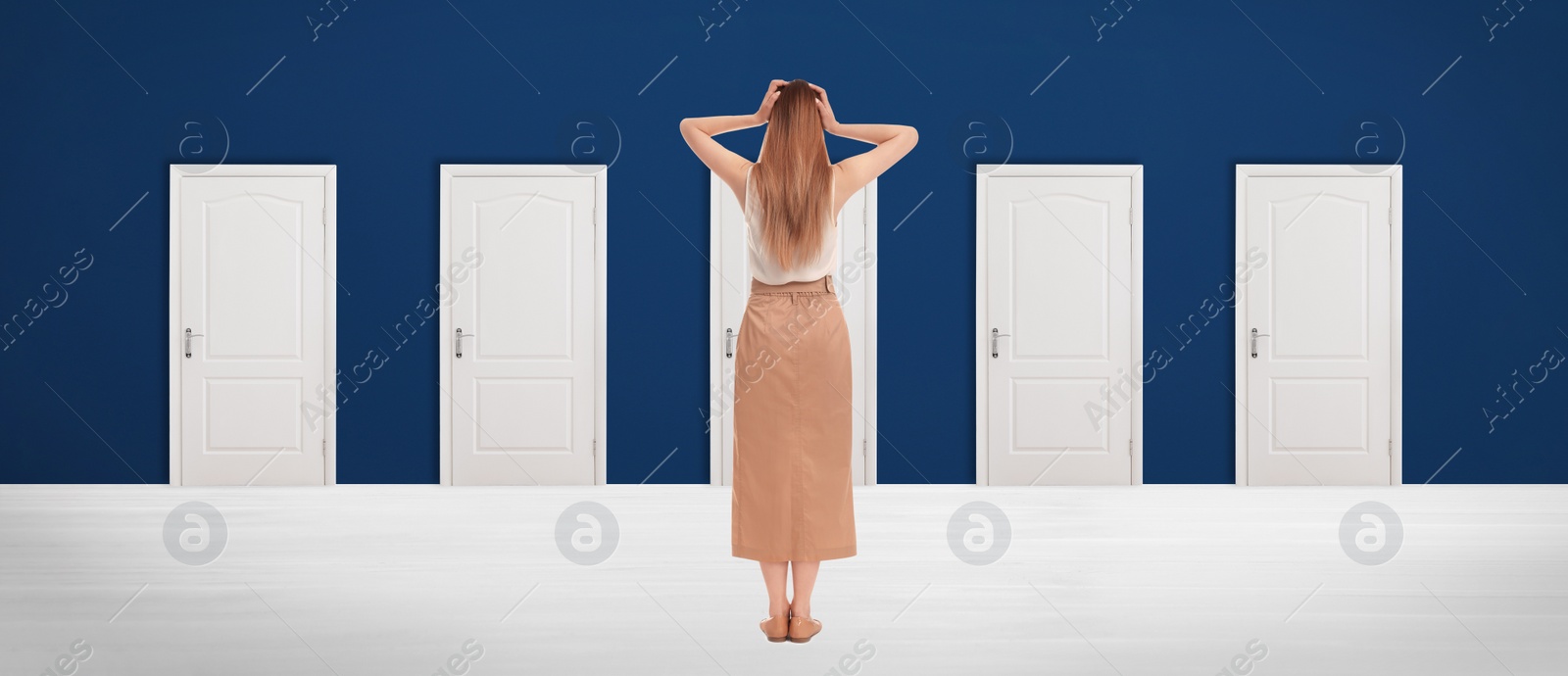 Image of Woman standing in front of many doors, back view. Banner design