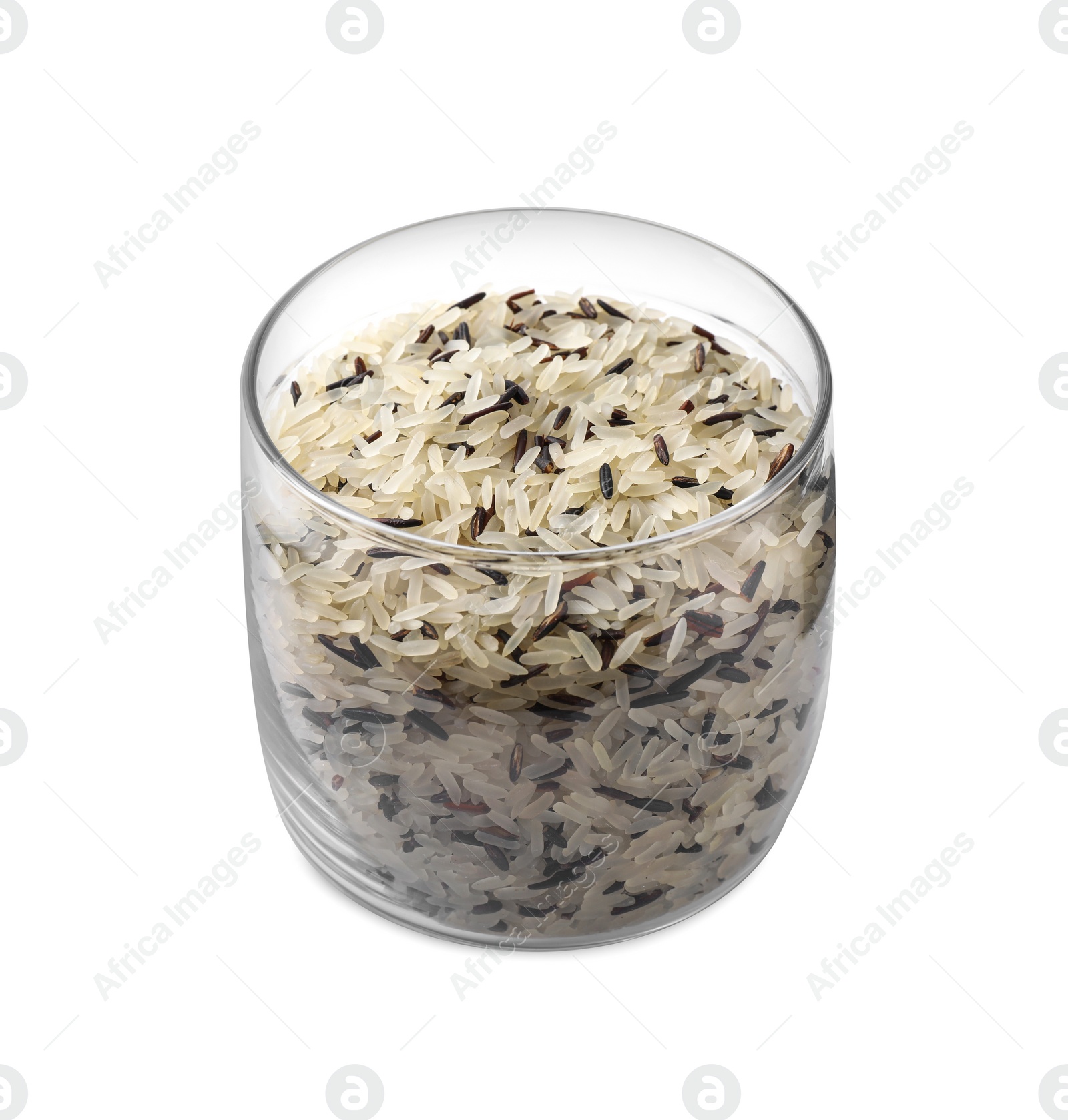 Photo of Mix of brown and polished rice in jar isolated on white
