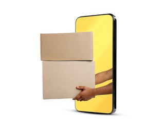 Courier passing parcels through smartphone on white background. Delivery service