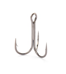 Photo of Metal hook on white background. Fishing accessory