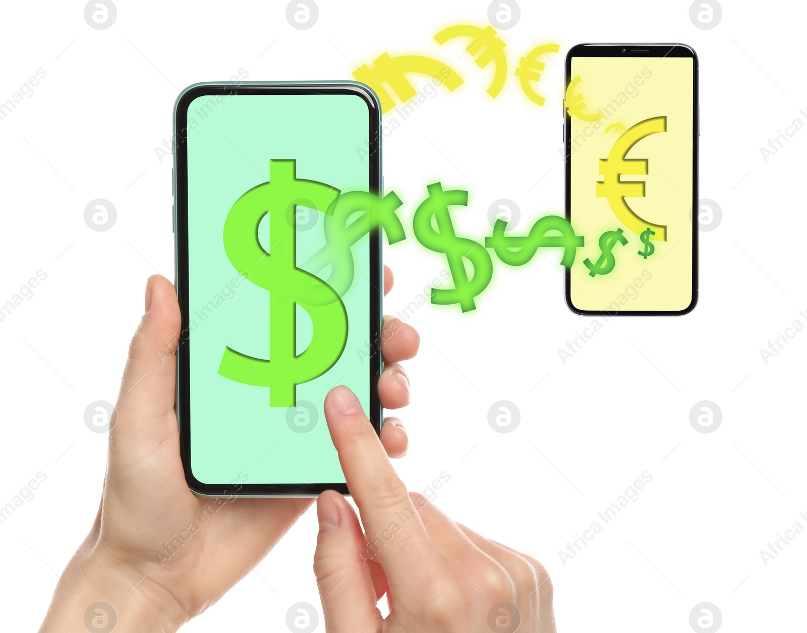 Image of Online money exchange. Woman using mobile phone on white background, closeup. Dollar and euro currency signs flying between devices