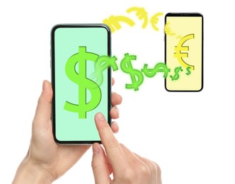 Online money exchange. Woman using mobile phone on white background, closeup. Dollar and euro currency signs flying between devices