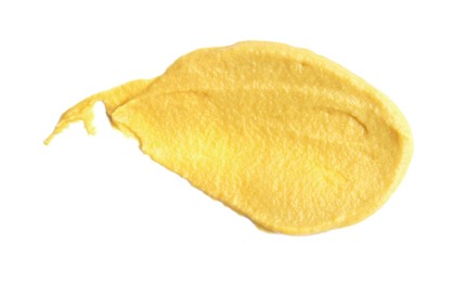 Photo of Smear of delicious mustard isolated on white, top view