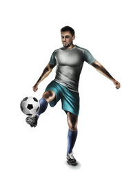 Young man playing football on white background