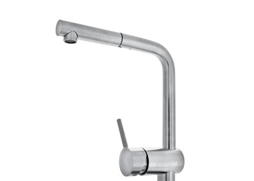 Photo of Modern pull out kitchen water tap on white background