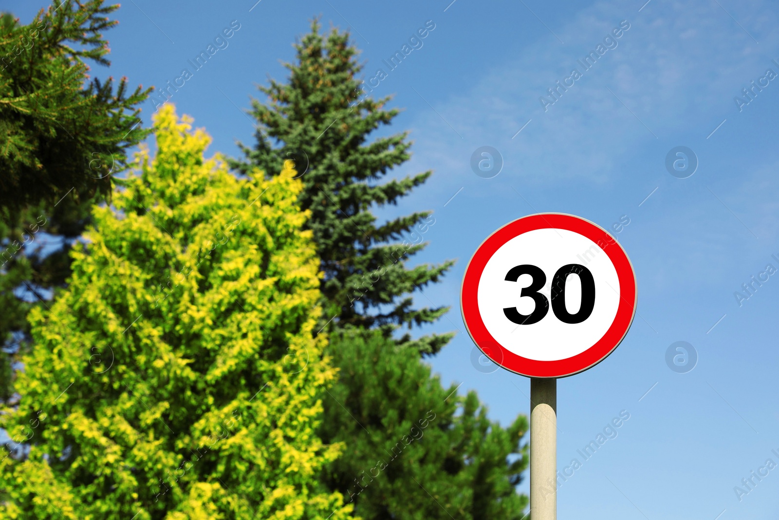 Image of Road sign Maximum speed limit against blue sky