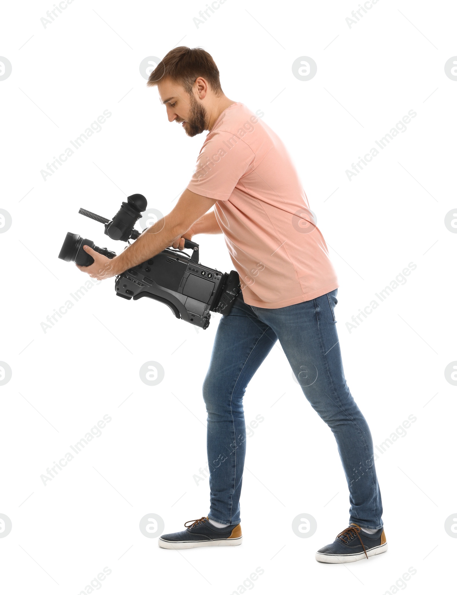 Photo of Operator with professional video camera on white background