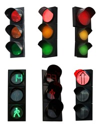 Image of Different traffic signals on white background, collage design