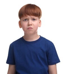 Photo of Portrait of sad little boy on white background