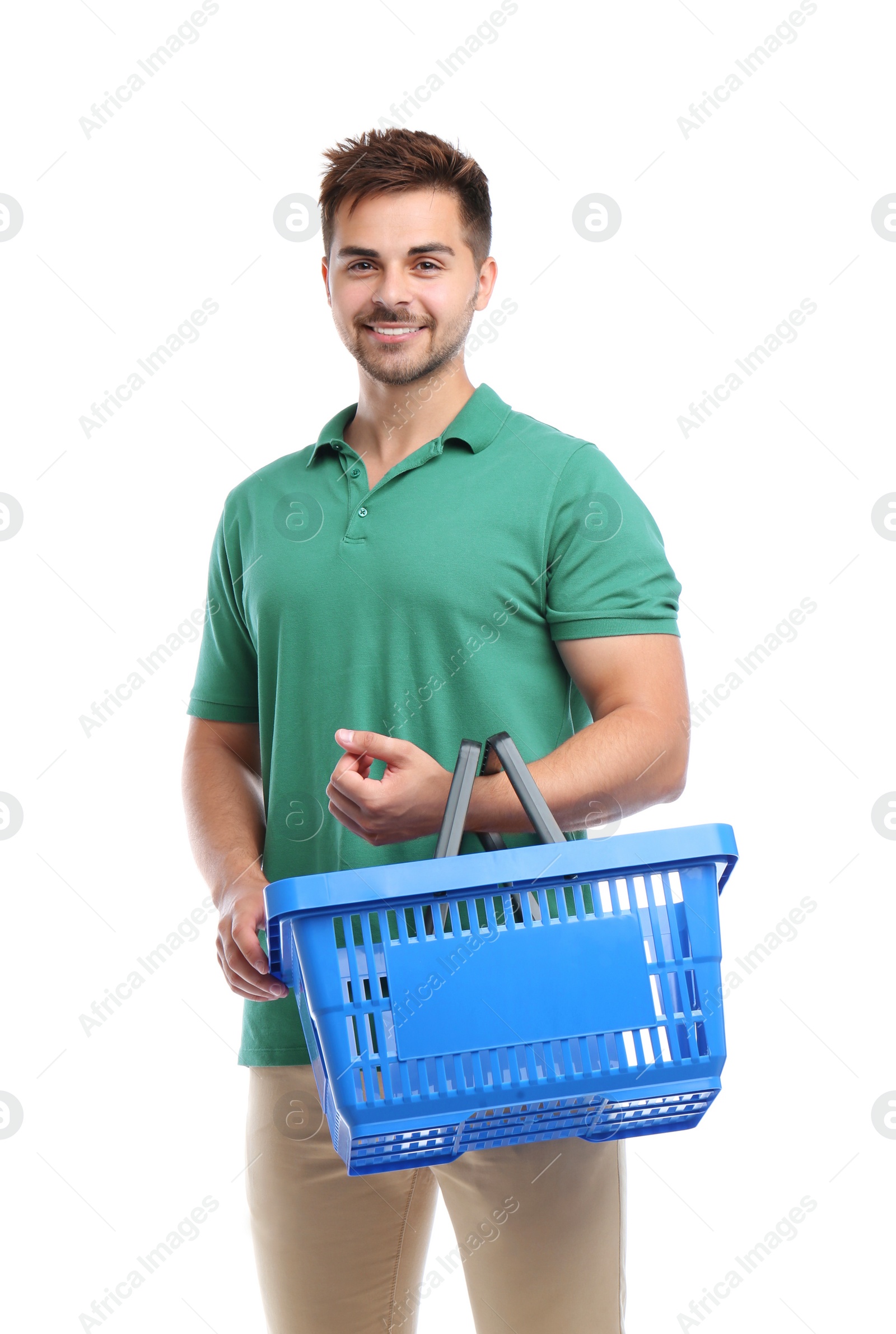Photo of Young man with empty shopping basket isolated on white