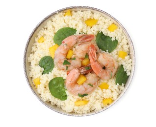 Tasty couscous with shrimps, bell pepper and basil on white background, top view