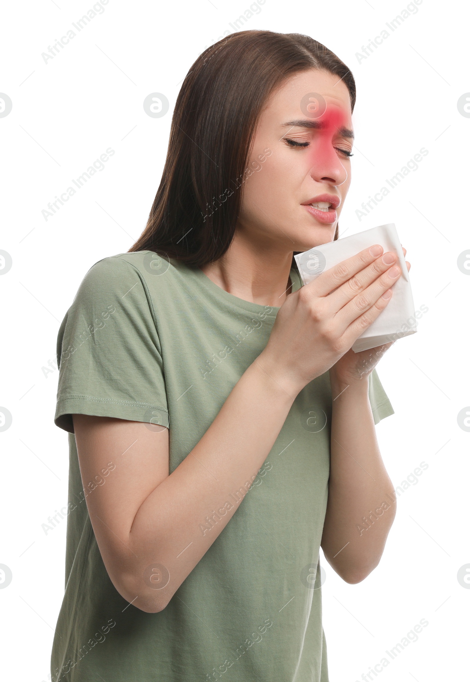 Image of Woman sneezing on white background. Cold symptoms
