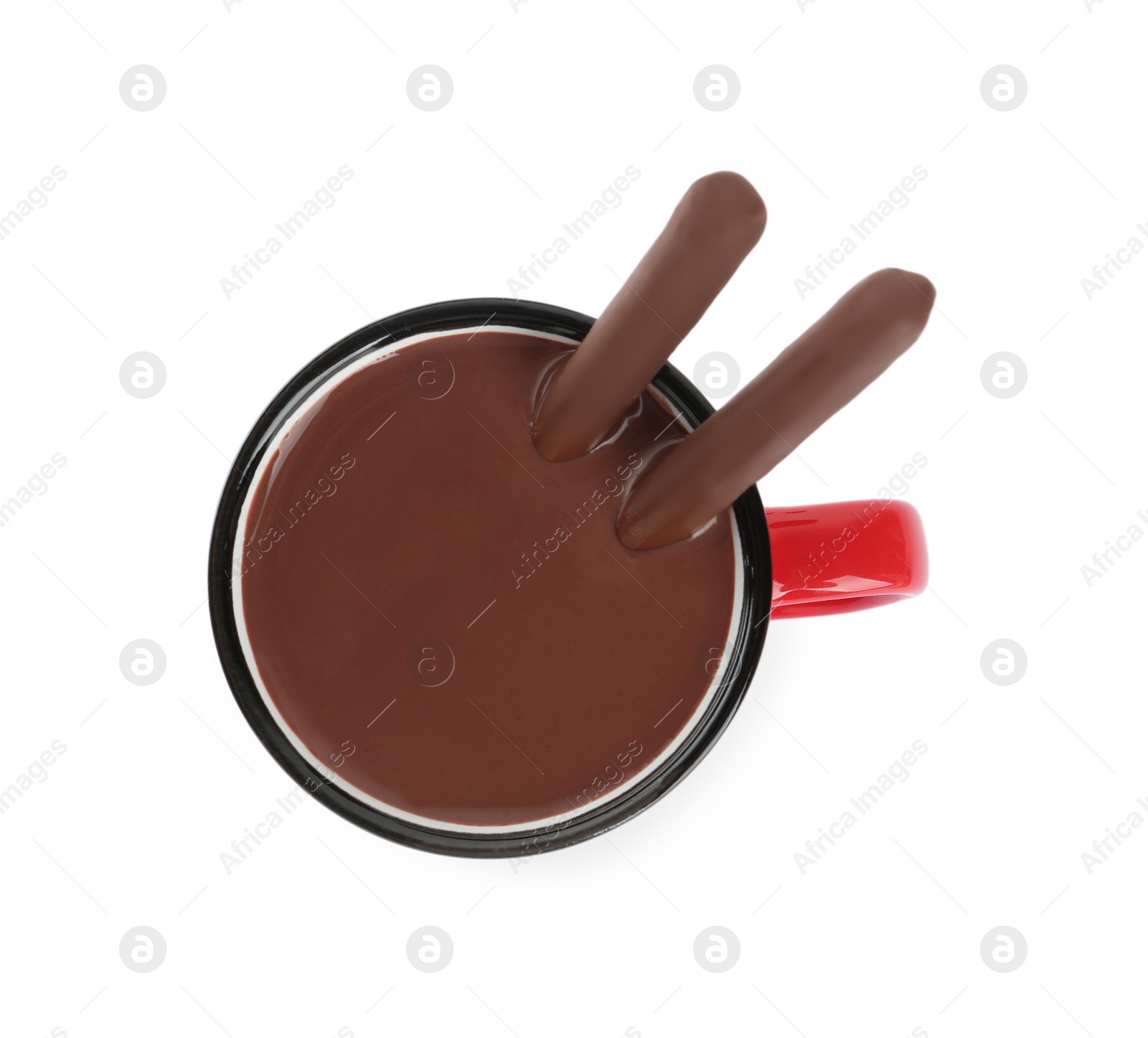 Photo of Cup of delicious hot chocolate isolated on white, top view