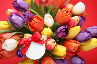 Bouquet of beautiful colorful tulips with blank card on red background. Birthday celebration