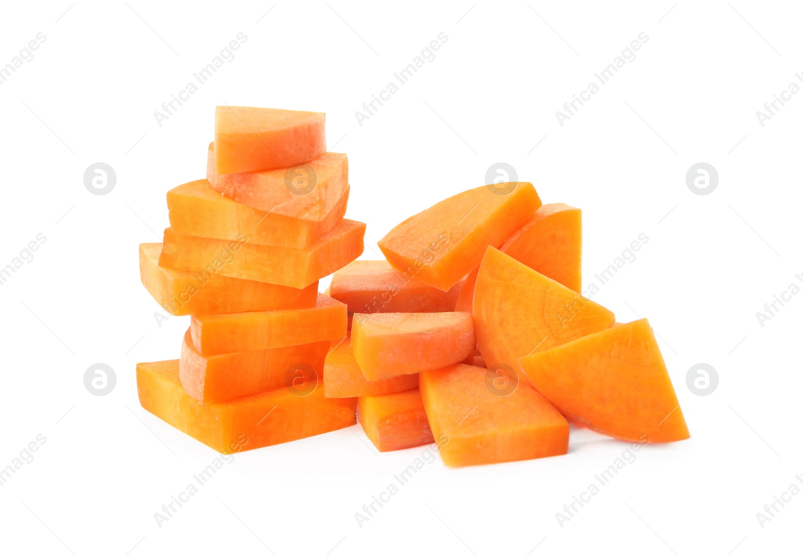 Photo of Pieces of fresh ripe carrot isolated on white