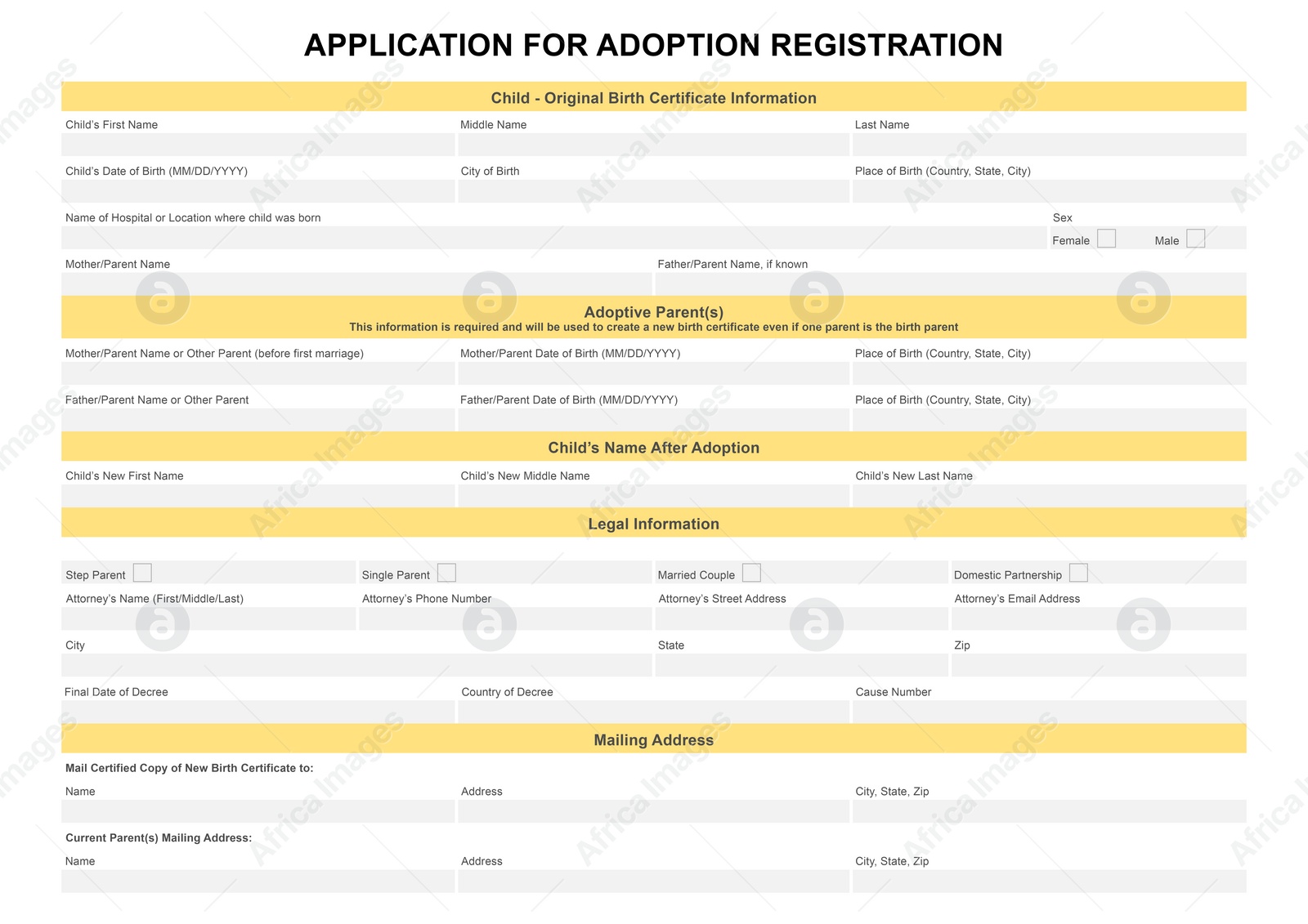 Illustration of Child adoption application. Questionnaire with space for answers 