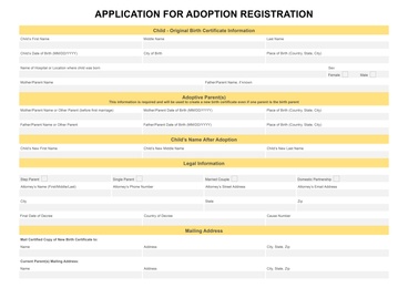 Illustration of Child adoption application. Questionnaire with space for answers 