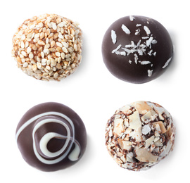 Image of Set with different chocolate candies on white background, top view