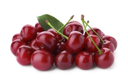 Bunch of juicy cherries on white background