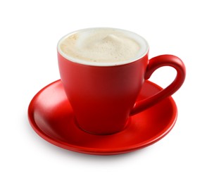 Red cup with aromatic cappuccino isolated on white