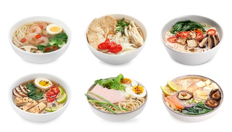 Bowls of delicious ramen with different ingredients isolated on white, set. Noodle soup