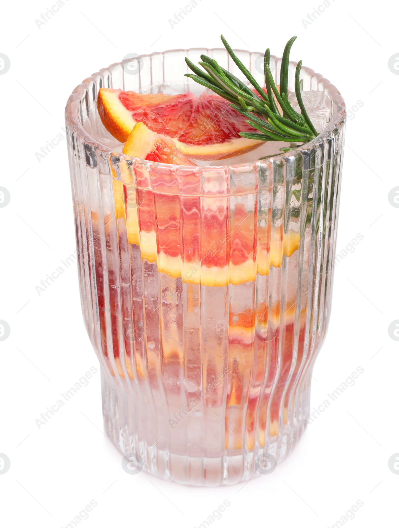 Photo of Delicious refreshing drink with sicilian orange, fresh rosemary and ice cubes in glass isolated on white