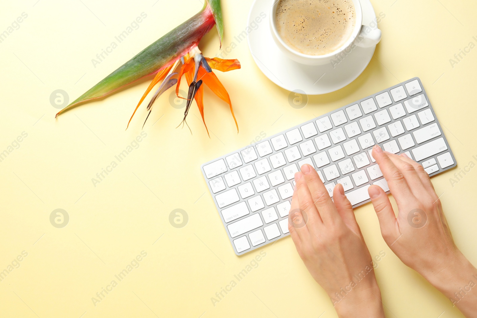 Photo of Woman using computer keyboard on table decorated with tropical flower, top view. Creative design ideas