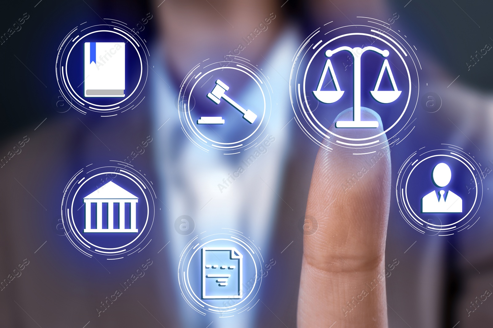 Image of Laws, legal information and online consultation. Woman using virtual screen with icons, closeup