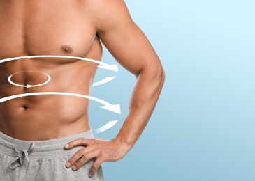 Metabolism concept. Man with perfect body on light blue background, closeup