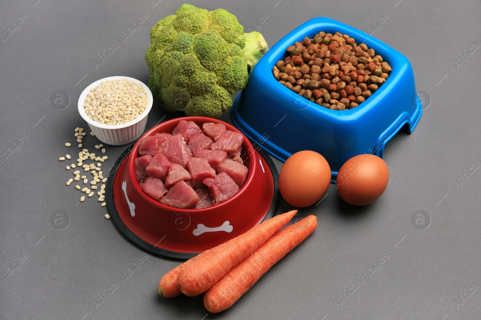 Photo of Raw meat in bowl and healthy products for pet on black background