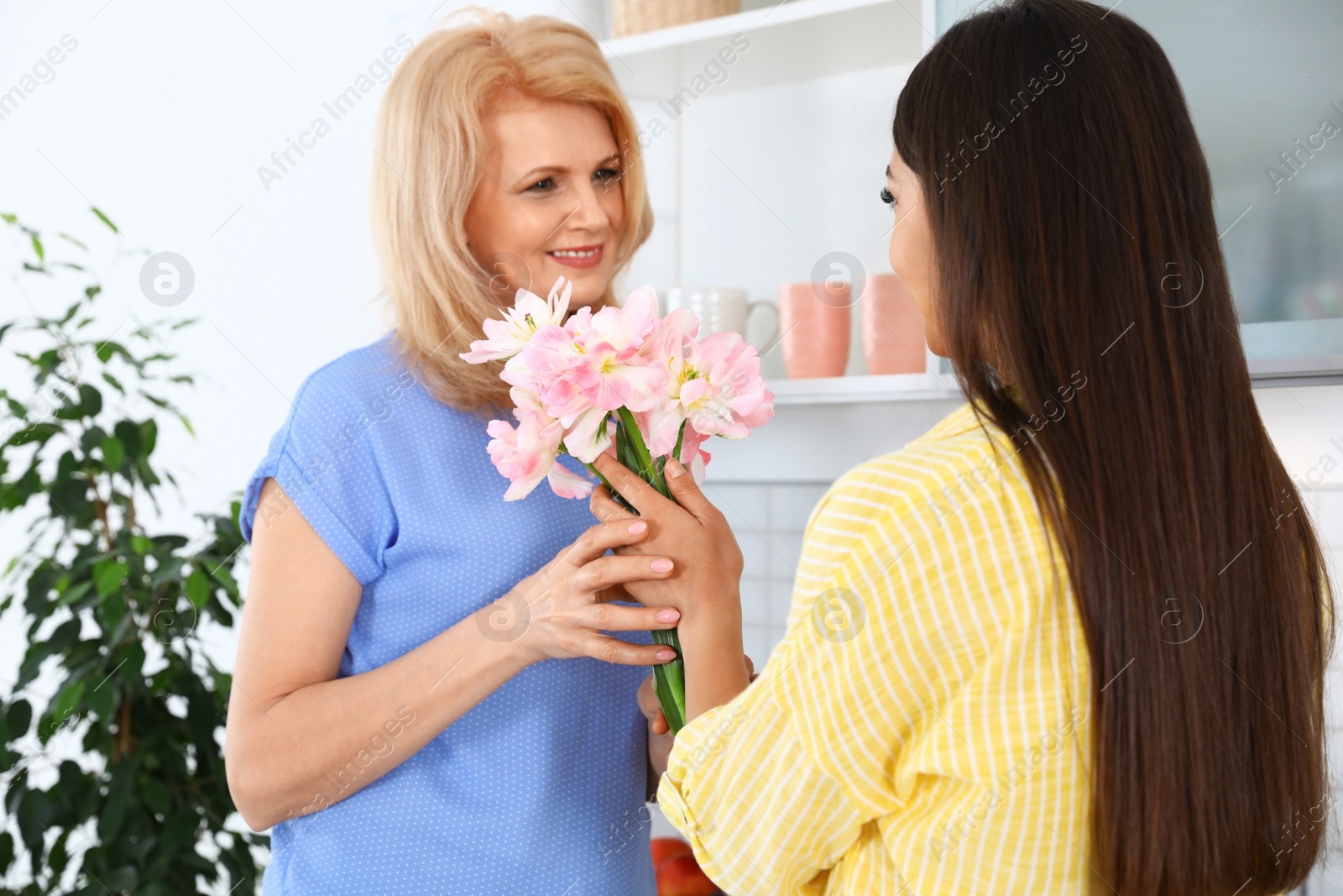 Photo of Young woman congratulating her mature mom in kitchen. Happy Mother's Day